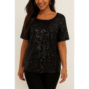 Women's Full Black Sequin Glitter Sparkle Tunic Loose Shirt Top Size XL